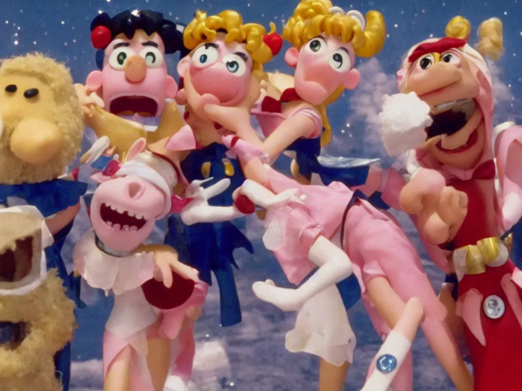 Prompt: Sailor Moon in Wallace and Gromit, close-up of the panic scene, sheer terror and desperation