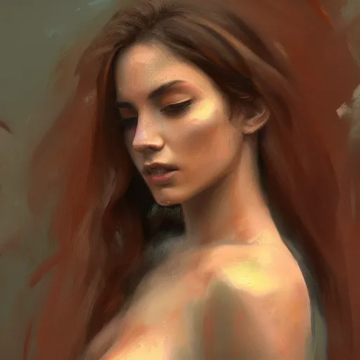 Prompt: a beautiful toned woman in the rain, aesthetic, oil painting, pale colors, high detail, 8 k, wide angle, trending on artstation,