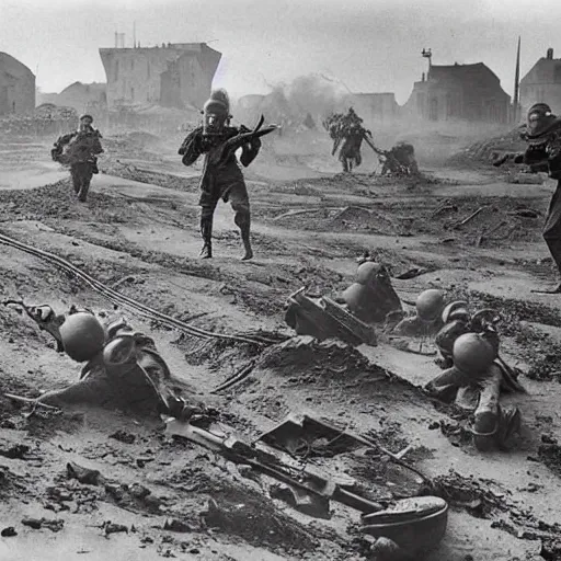 Image similar to martian invasion, world war 1, black and white photograph