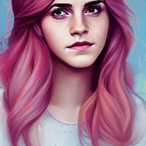 Image similar to emma watson, pink hair, gorgeous, amazing, elegant, intricate, highly detailed, digital painting, artstation, concept art, sharp focus, illustration, art by Ross tran