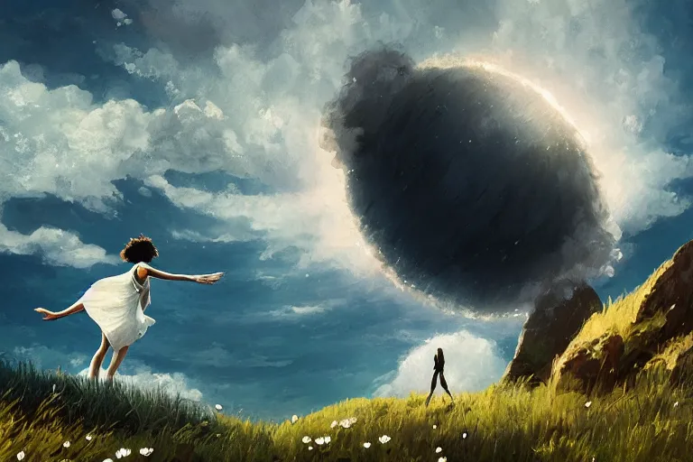 Image similar to giant white daisy flower over head, girl walking on cliff, surreal photography, solar eclipse, milky way, dramatic light, impressionist painting, clouds, digital painting, artstation, james gilleard, liam wong, jeremy mann, simon stalenhag