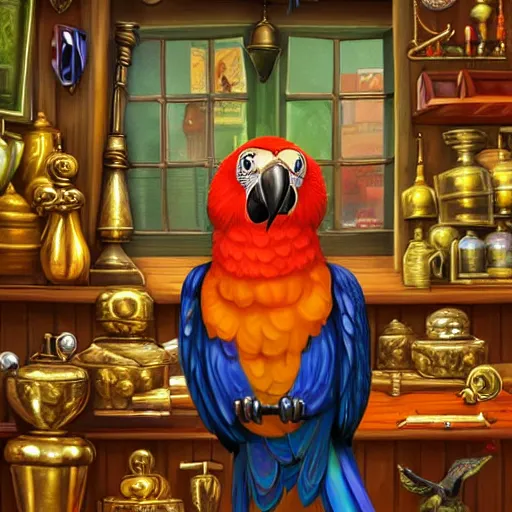 Image similar to Anthropomorphized parrot trader in his shop, selling his wares, portrait, items, gold, magic potions, carpet, window, sly expression , cunning expression, cute expression, long thick shiny gold beak, presenting wares, holding a gold bag, D&D, fantasy, cinematic lighting, highly detailed, digital painting, artstation, concept art, smooth, sharp focus, illustration, warm light, cozy warm tint, magic the gathering artwork, volumetric lighting, 8k, art by Akihiko Yoshida, Greg Rutkowski