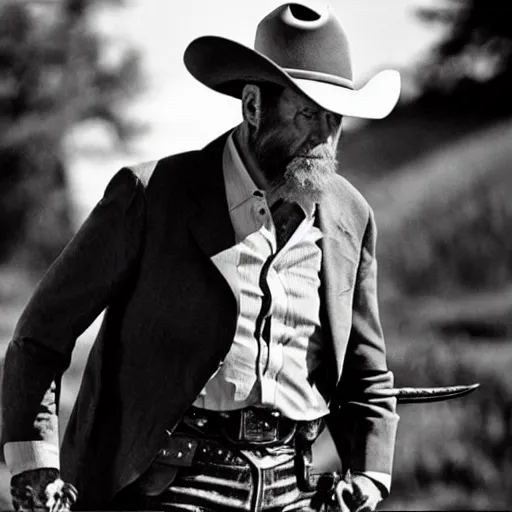 Prompt: Joe Biden as a Cowboy, gritty, sharp detail, epic, dramatic, western, yellow tint, cigar, movie still, serious,