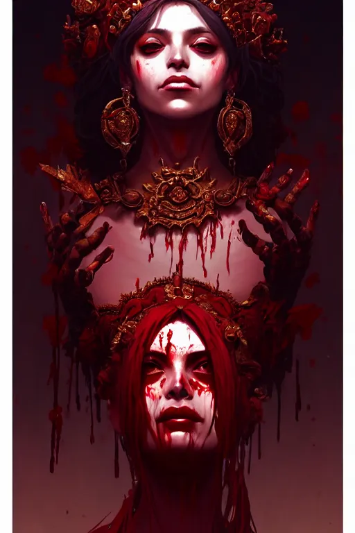 Image similar to extremely beautiful panting of goddess of the realm of the dead, covered with blood, surrounded by skeletons, extremely high detailed face, artstation, by ilya kuvshinov, greg rutkowski and makoto shinkai, trending on artstation