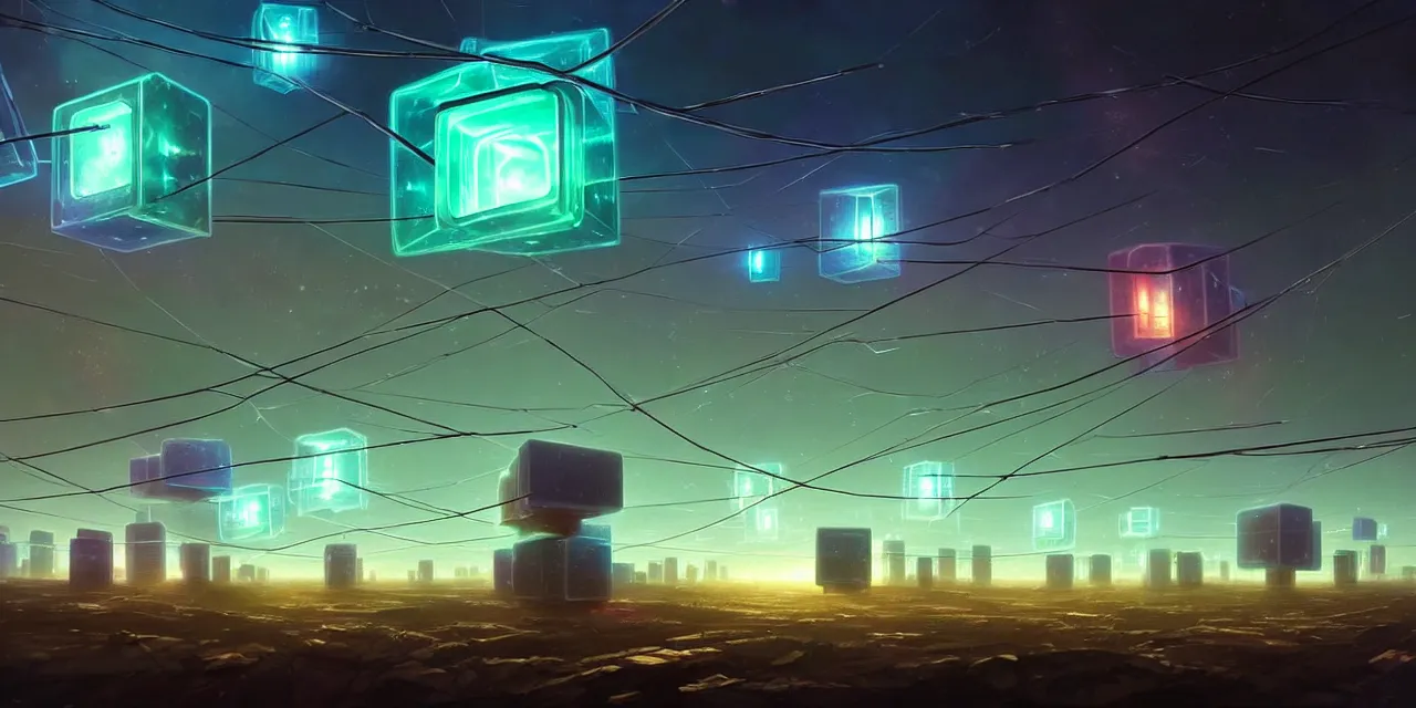 Prompt: a fleet of giant glowing futuristic cubes tied to each other with lots of wires in the sky, a fantasy magical landscape seen in the distance, atmospheric lighting, intricate, volumetric lighting, beautiful, sharp focus, ultra detailed, in the art style of marc simonetti, bowater charlie and brom gerald, astrophotography