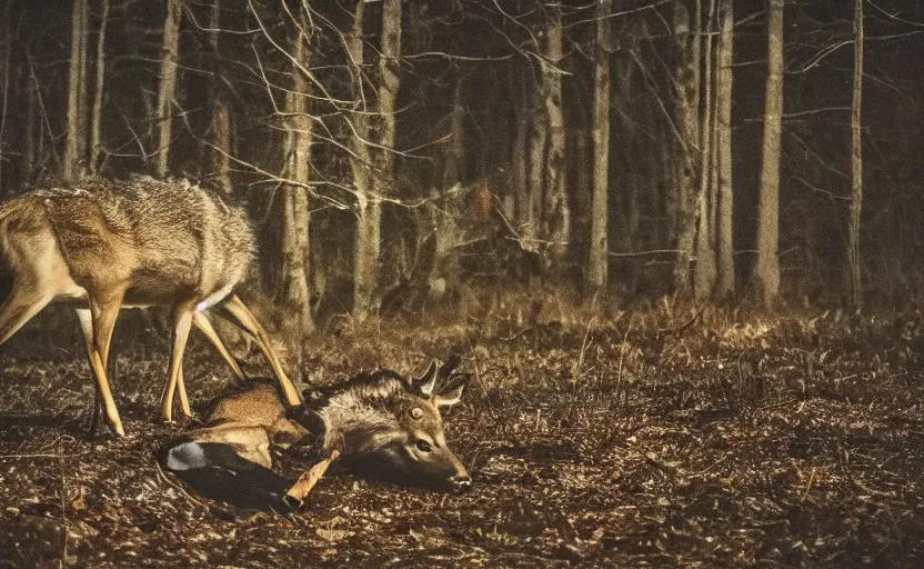 Prompt: A deer eating a dead wolf in the forest. Night time, dramatic, cinematic shot