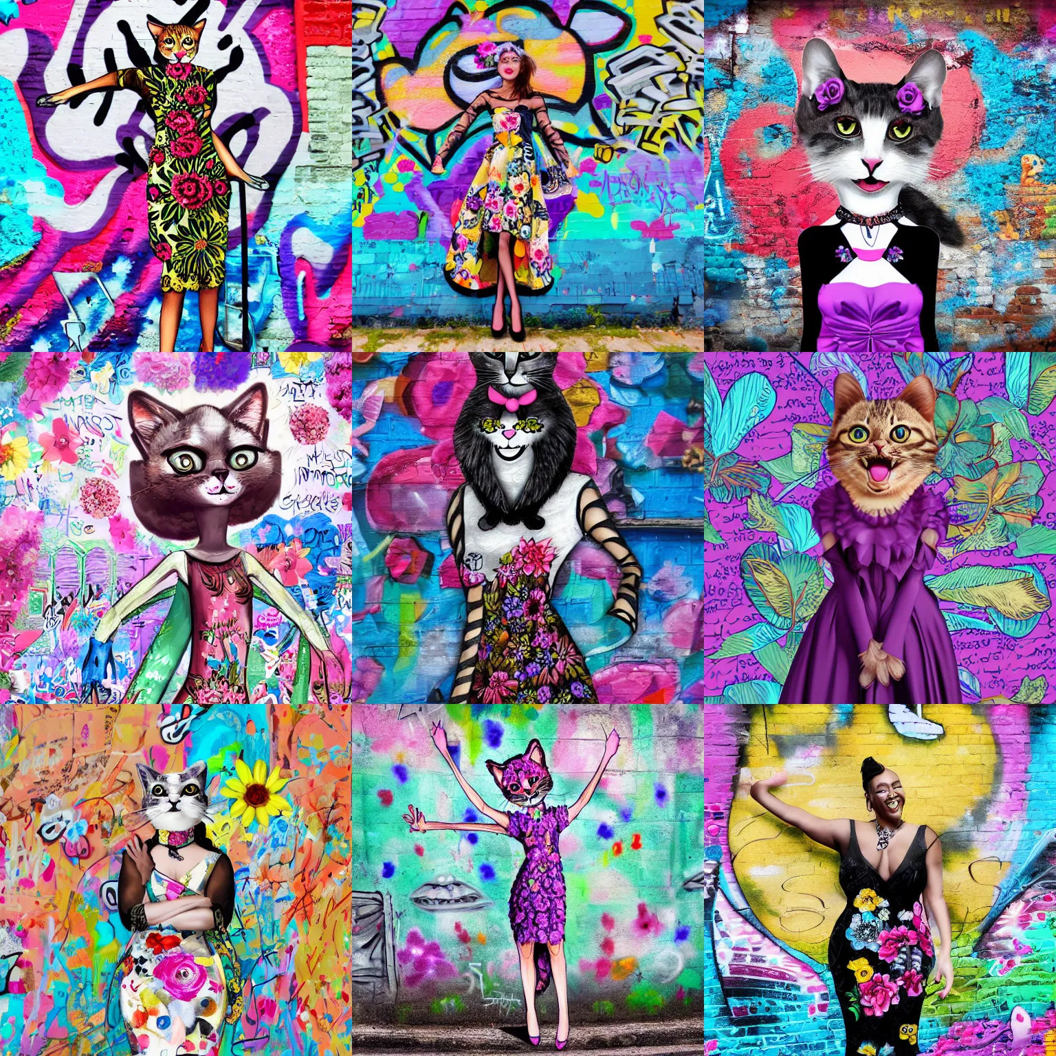 Prompt: anthropomorphic cat wearing haute couture flower dress, big smile, posing against a graffiti wall, fashion shoot, elegant, fine details, intricate, realistic digital painting