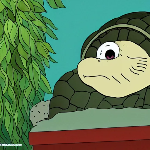 Image similar to portrait of an excited turtle, hayao miyazaki, cartoon, anime, sharp, focus, illustration