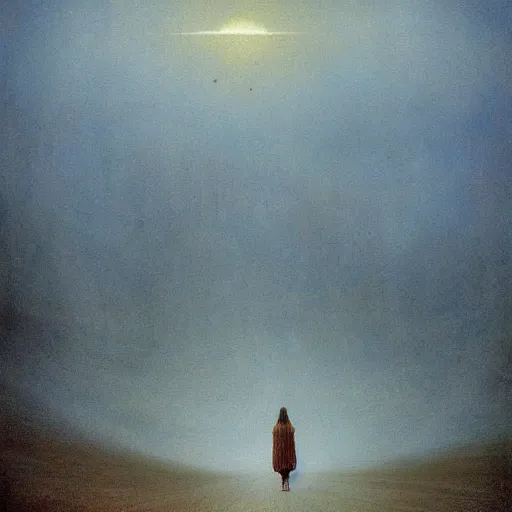 Prompt: lone girl travelling on the road, around her strange landscape by Beksinski