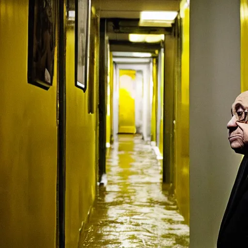 Image similar to danny devito in the backrooms, liminal space, scary, yellow, cinematic camera