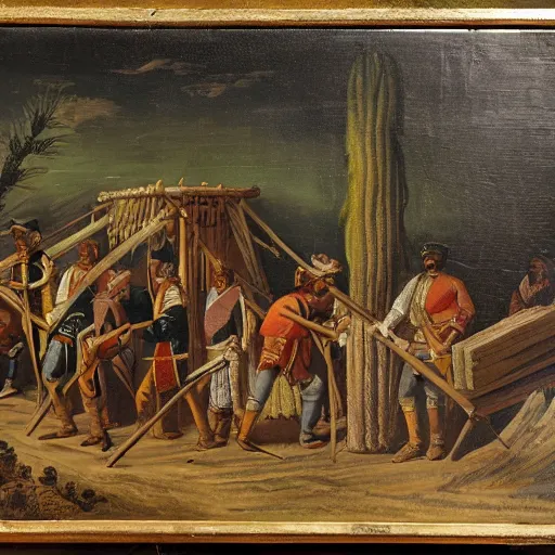 Prompt: this historical 1 7 9 0 s painting depicts a scene from a fantastical empire that is a mix of middle eastern and scandinavian cultures. the main export of this empire is lumber, and the painting shows a group of workers carrying lumber through a desert landscape.