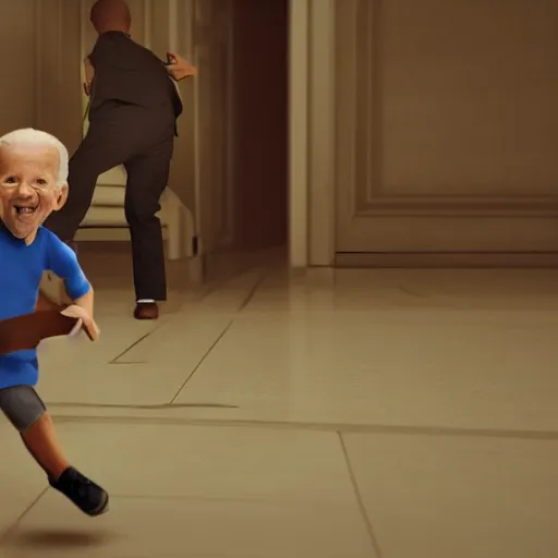 Image similar to joe biden chasing a child in the backrooms level 0, hyper - realistic, 4 k, octane - render, realistic.