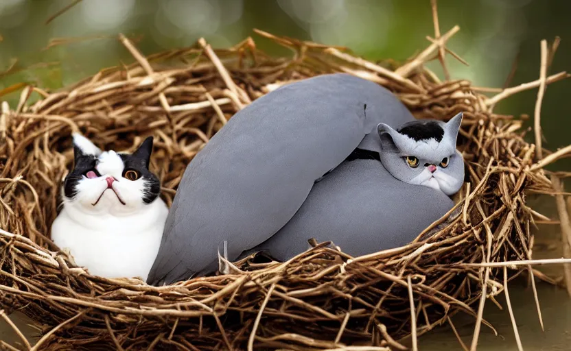 Prompt: A pigeon and an exotic shorthair cat guarding eggs in a nest, eggs, birds, nest is made of sticks, national geographic, odd, depth of field, photorealistic