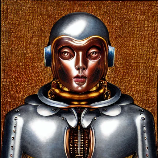 Image similar to a portrait of a shiny metallic renaissance steampunk robot, in the style of Jan van Eyck,