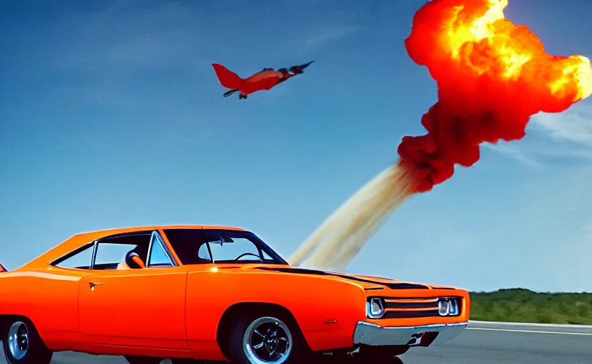 Image similar to a orange 1 9 7 0 plymouth road runner superbird driving high speed, fire explosion in the background, action scen. blue sky realistic. high resolution. dramatic