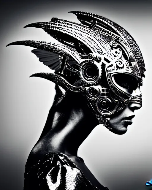 Prompt: a profile portrait, a stunning young woman - cyborg with a mutant eagle head, editorial photography, bw, shot on 7 0 mm, depth of field, f / 2. 8, high contrast, 1 6 k, volumetric lighting, shiny, insanely detailed and intricate, hypermaximalist, elegant, ornate, hyper realistic, super detailed