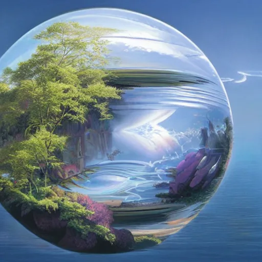 Image similar to A hyper-realistic low angle wide shot matte painting of an impossible floating sphere of water by Alex Grey and John Harris and Stephan Martiniere. Subject in view, symmetrical composition, f11