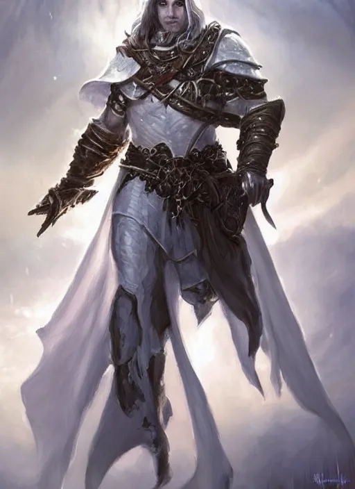 Image similar to white cloak paladin, ultra detailed fantasy, dndbeyond, bright, colourful, realistic, dnd character portrait, full body, pathfinder, pinterest, art by ralph horsley, dnd, rpg, lotr game design fanart by concept art, behance hd, artstation, deviantart, hdr render in unreal engine 5