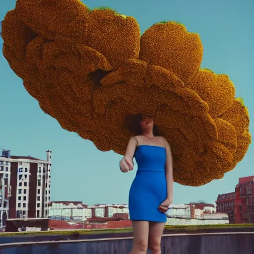 Image similar to giant flower head, full body, girl standing in hotel, surreal, symmetry, mid century, bright colours, blue sky, realistic, wes anderson