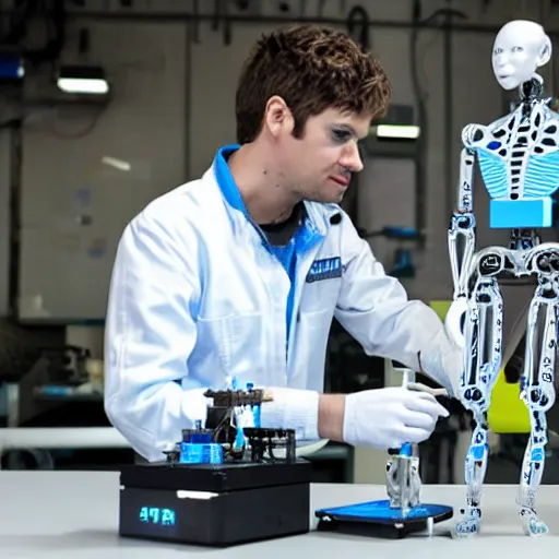 Prompt: a futuristic mechanic scientist constructing a humanoid robot in a 3 d printer