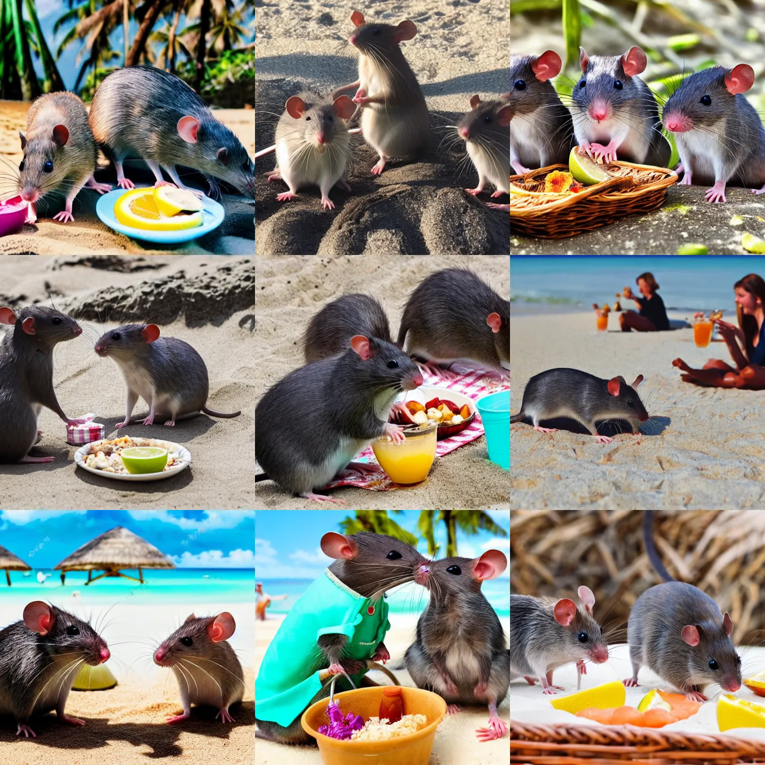 Prompt: four rats having a picnic in a warm tropical beach with coconut cocktails