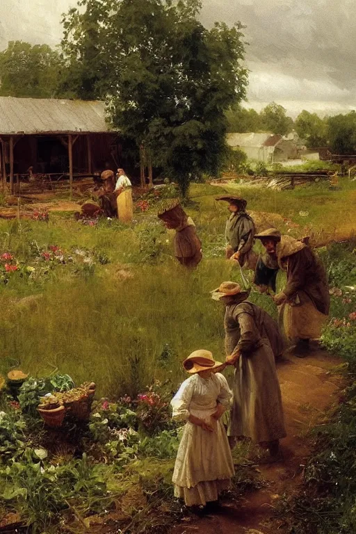 Image similar to simple amish farmers tending to their cottage vegetable gardens, art by anders zorn, wonderful masterpiece by greg rutkowski, beautiful cinematic light, american romanticism thomas lawrence, greg rutkowski