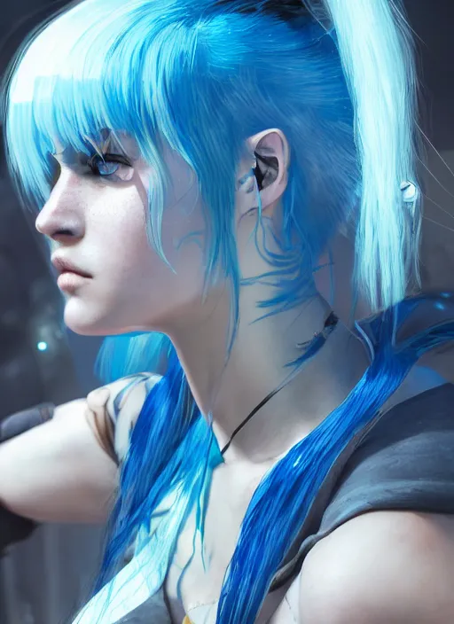 Image similar to beautiful young cyberpunk girl with blue hair, blue eyes, au naturel, hyper detailed, digital art, trending in artstation, cinematic lighting, studio quality, smooth render, fluorescent skin, unreal engine 5 rendered, octane rendered, art style by klimt and nixeu and ian sprigger and wlop and krenz cushart