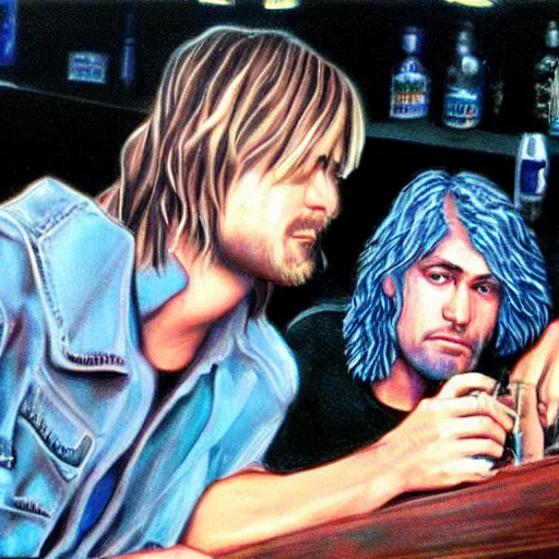 Image similar to a close - up stunning fantasy scene of kurt cobain drinking at a bar with layne staley | highly detailed | very intricate