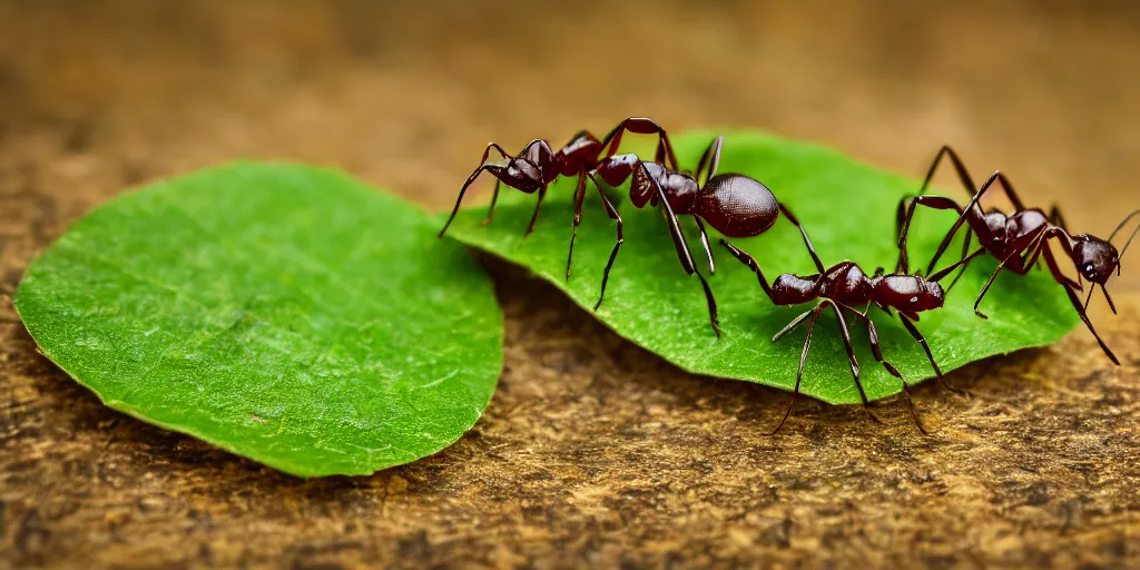 Prompt: a macro photo of two ants on a green leaf, side view, blurred background
