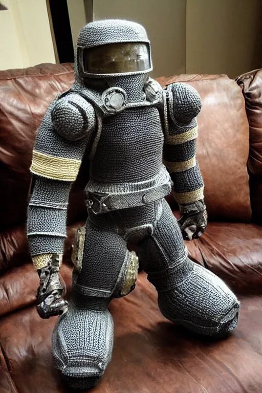 Image similar to knitted power armor from fallout lies on the couch