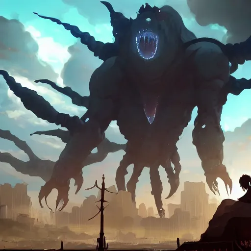 Image similar to a gigantic shadowy bug demon cyclops, medieval background, highly detailed, digital painting, artstation, matte, by makoto shinkai, animation style, studio ghibli, anime key visual