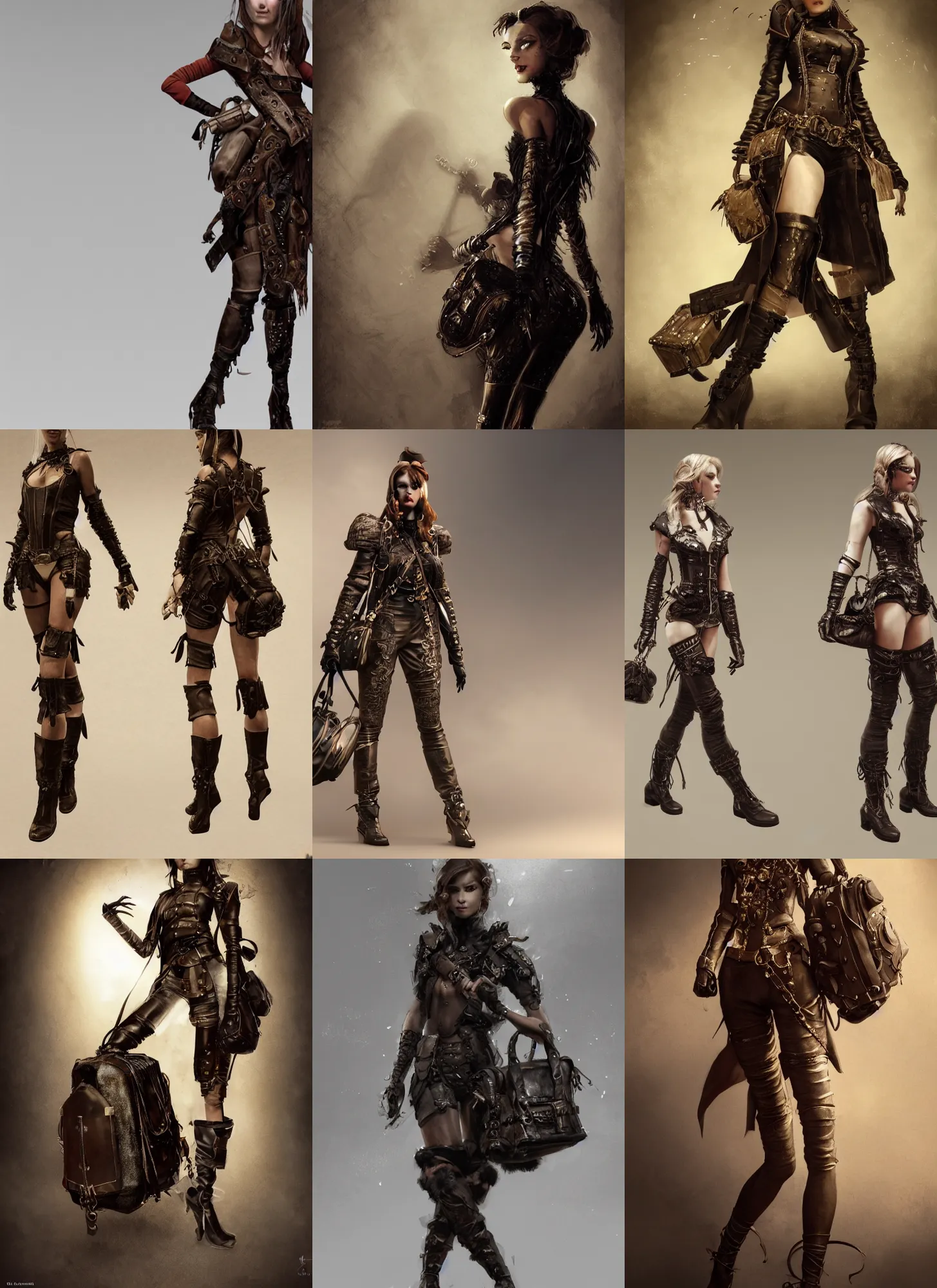 Prompt: character front view of a young woman wearing a leather outfit with straps and padding and satchels and bags and holsters and decorations,!!! haute couture!!!, elaborate, intricate, in the style of craig mullins and jeremy mann and ashley wood, dramatic lighting, octane render, fashion shoot, runway, sharp focus