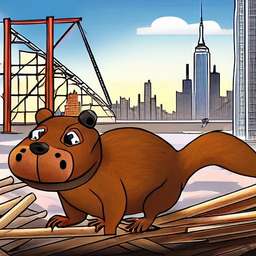 Image similar to digital concept art of anthropomorphic beavers as construction builders that building empire state building from sticks