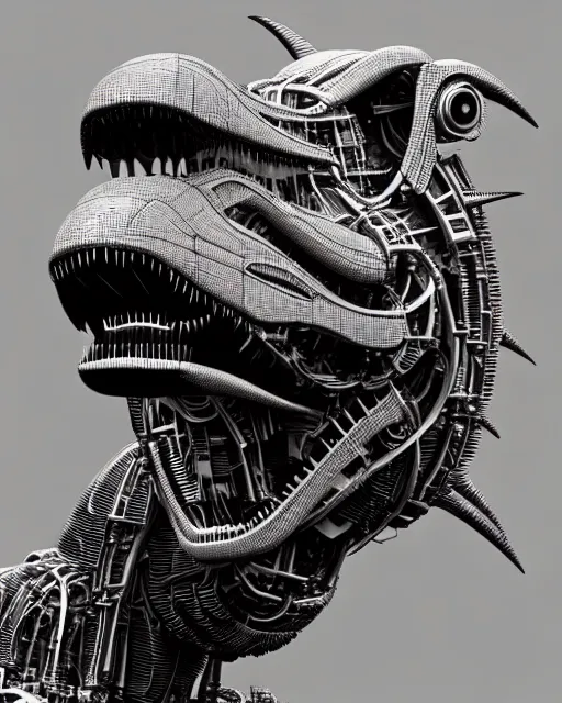 Image similar to mechanical robot trex transformer dinosaur head, bold line symmetrical illustration by peter gric, hr giger, kim jung gi, joe fenton, scifi, screen print, art station, zbrush, sharp, high contrast, ultrafine hyper detailed,