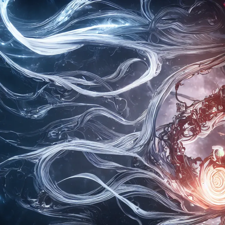 Image similar to swirling abstract cyborg parts and ornate flowing smoke streams and smooth particle effects surround a small metallic spiral, cinematic, unreal engine