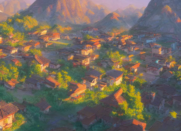 Image similar to concept art painting of a small village in a valley seen from above, european japanese buildings, early morning, cel shaded, detailed, realistic, by makoto shinkai and moebius and anton fadeev and james gurney