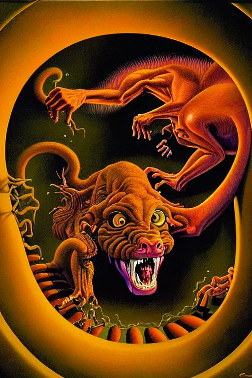 Image similar to a hyperrealistic painting of a chimera creature breaking out of a containment chamber in a secret science laboratory facility, by chris cunningham and richard corben, highly detailed, vivid color,