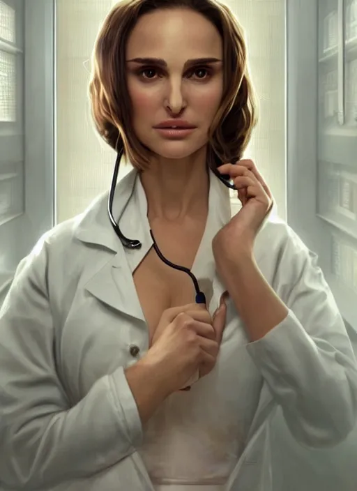 Prompt: portrait Natalie Portman as hot nurse in hospital, full length shot, shining, 8k highly detailed, sharp focus, illustration, art by artgerm, mucha, bouguereau