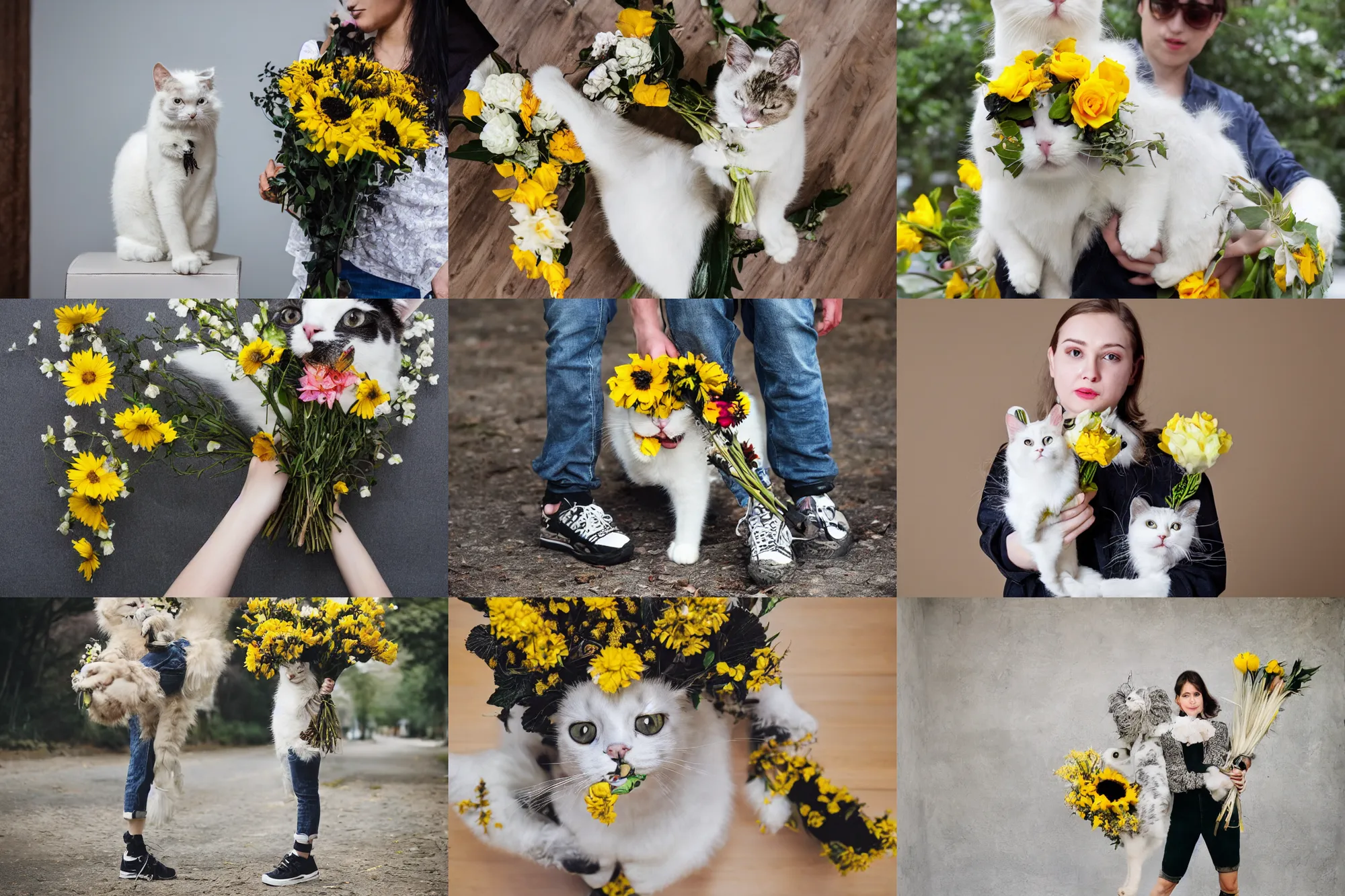 Prompt: wide shot photography of white cat with yellow black fur patterns, holding a flowers bouquet in her mouth, under a human standing wearing jeans and sneakers, large happy eyes