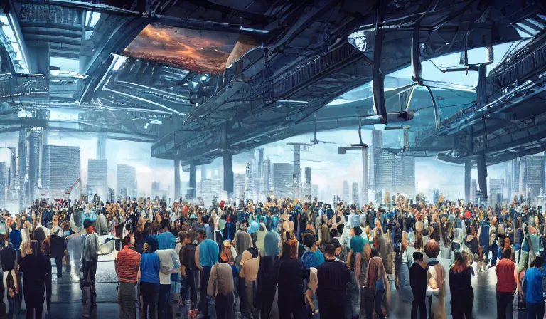 Image similar to large group people in a frame warehouse, looking at hologram of futuristic city on a table, cinematic concept art, godrays, golden hour, natural sunlight, 4 k, clear details, tabletop model buildings, center model buildings, hologram center, crane shot, crane shot, crane shot