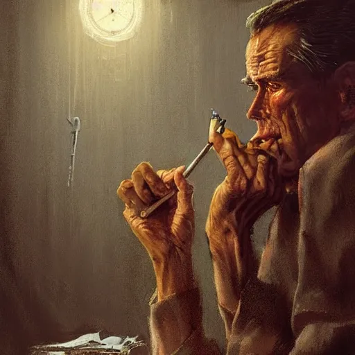 Prompt: a highly detailed epic cinematic concept art CG render digital painting artwork costume design: Henry Fonda as a 1950s tired disillusioned poet, barefoot, a cigarette in his mouth. volumetric lighting. By Greg Rutkowski, in the style of Francis Bacon and Syd Mead and Norman Rockwell and Beksinski, open ceiling, highly detailed, painted by Francis Bacon and Edward Hopper, painted by James Gilleard, surrealism, airbrush, Ilya Kuvshinov, WLOP, Stanley Artgerm, very coherent, triadic color scheme, realistic facial expression, art by Takato Yamamoto and James Jean