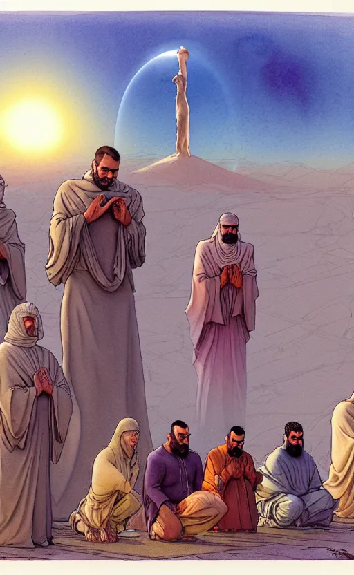 Image similar to a hyperrealist watercolour character concept art portrait of a group of middle eastern men kneeling down in prayer in front of a giant angel on a misty night in the desert. a ufo is in the background. by rebecca guay, michael kaluta, charles vess and jean moebius giraud