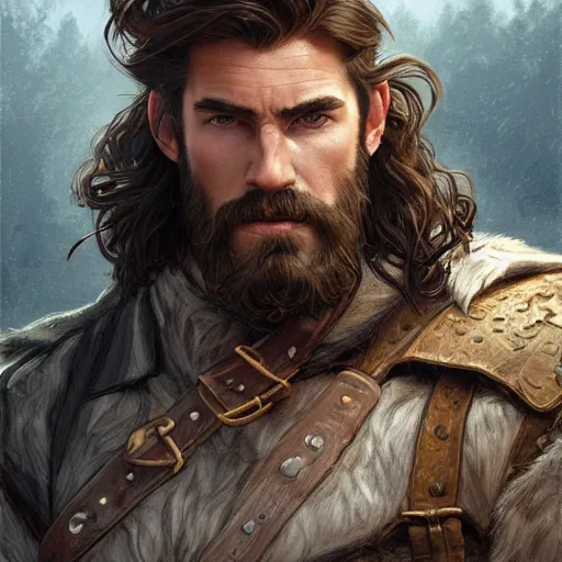 Image similar to portrait of a young, ruggedly handsome ranger, muscular, half body, leather, hairy, d & d, fantasy, intricate, elegant, highly detailed, digital painting, artstation, concept art, smooth, sharp focus, illustration, art by artgerm and greg rutkowski and alphonse mucha