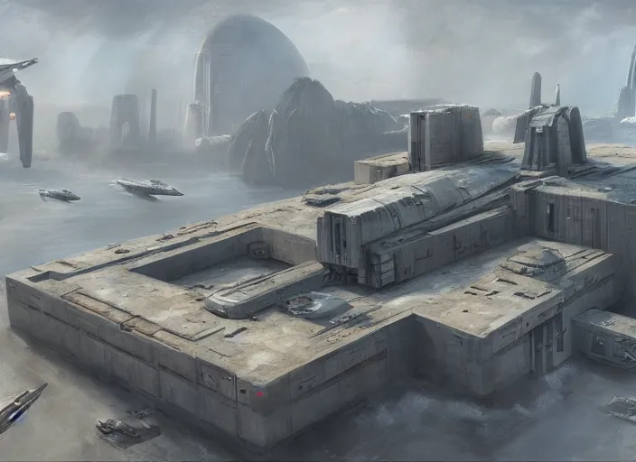 Image similar to concept art of big brutalist base, star wars : rogue one oil painting by jama jurabaev, extremely detailed, brush hard, artstation, for aaa game, high quality