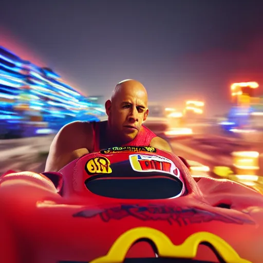 Image similar to vin diesel riding on top on a roof of lightning mcqueen, cinematic, bokeh, blur, action