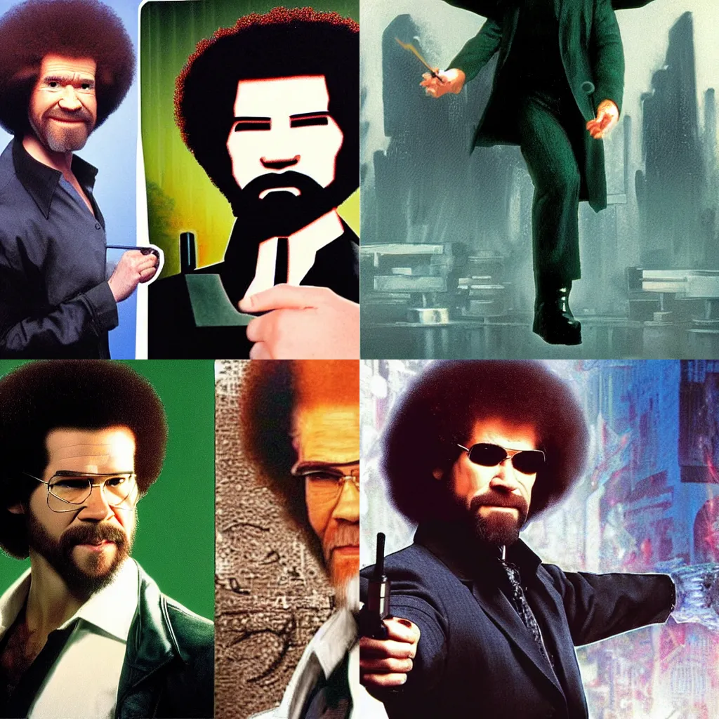 Prompt: Bob Ross as Neo from The Matrix stopping bullets