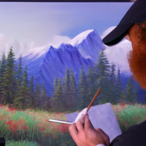 Image similar to a closeup photorealistic photograph of bob ross working on a canvas painting of mickey mouse. film still. brightly lit scene. mountains and trees. this 4 k hd image is trending on artstation, featured on behance, well - rendered, extra crisp, features intricate detail, epic composition and the style of unreal engine.