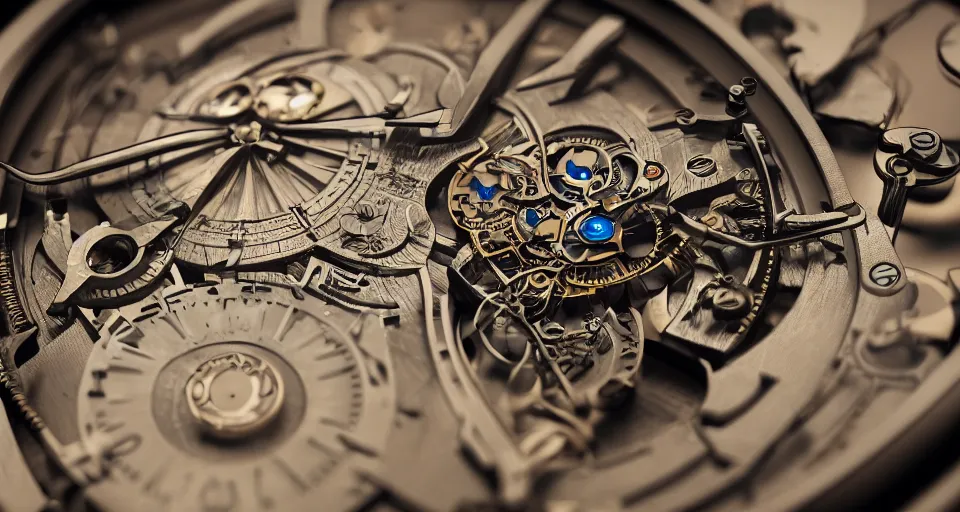 Prompt: complex 3 d render of a futuristic steampunk watch lying on a table, high detail, sharp focus, glowing interior components, intricate detail, depth of field, bokeh, cinematic lighting and composition, octane render, film grain, crisp clean geometric lines