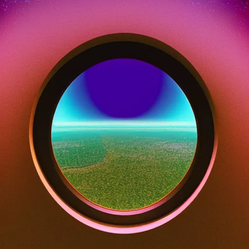 Prompt: a window with a view of the earth through it, a computer rendering by mike beeple winkelmann, behance contest winner, cubo - futurism, retrowave, synthwave, rendered in cinema 4 d