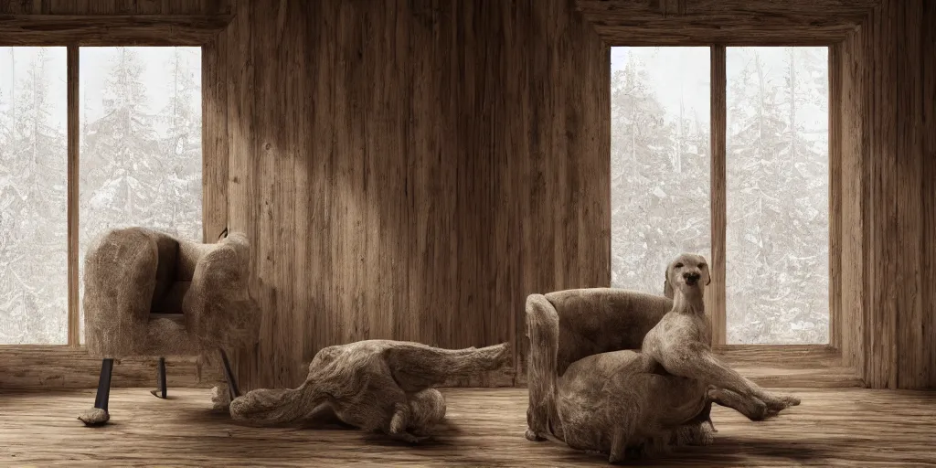 Image similar to dog armchair in an empty wooden cabin, by h. r. giger, soft natural volumetric lighting, beautifully detailed 4 k octane render, 4 k post processing